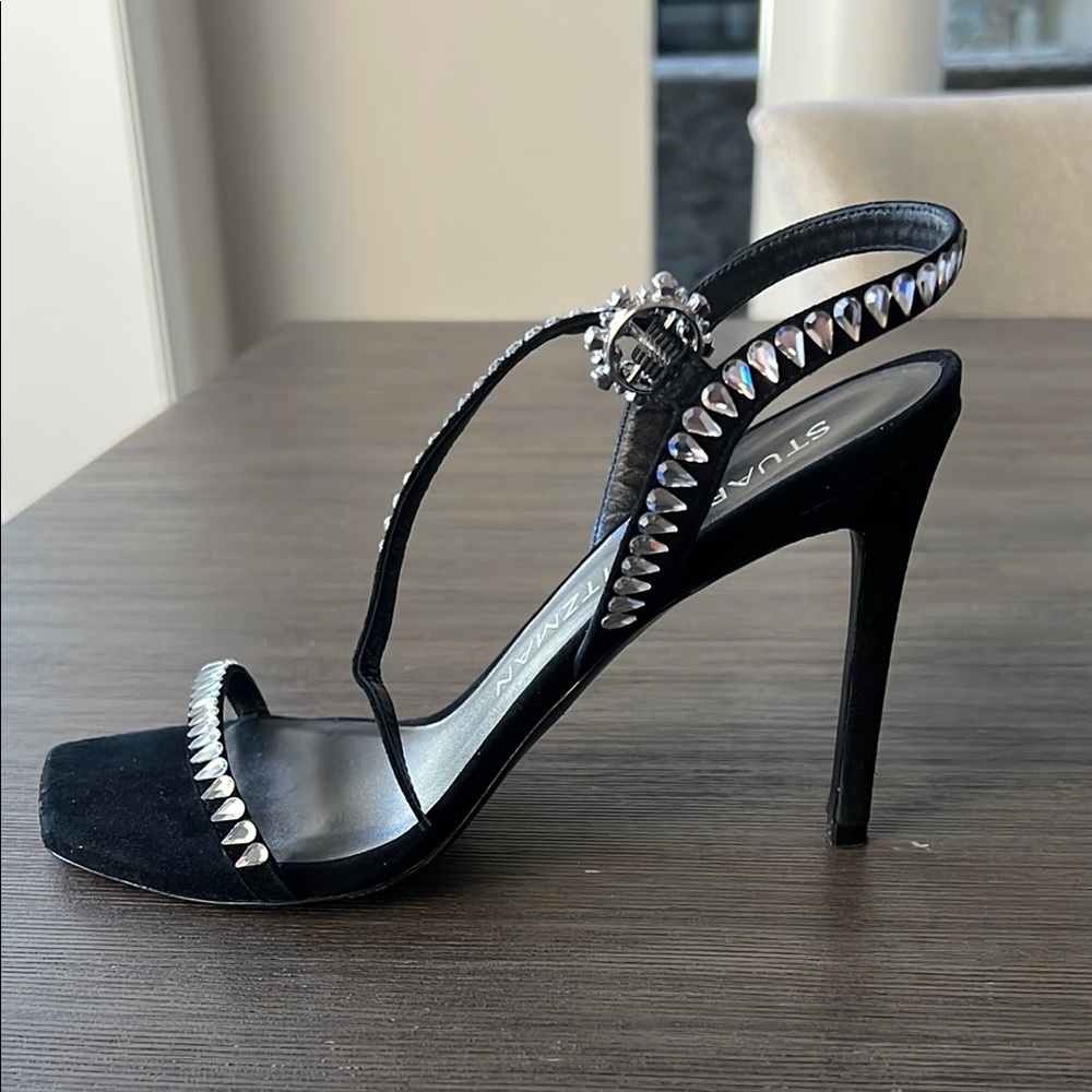 Stuart Weitzman Black Gem Cut 100 embellished suede sandals, like new.
